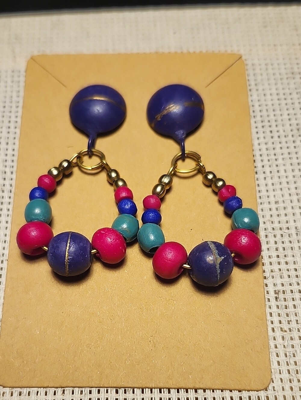 Vintage 1980s Bohemian Multi-Color Beaded Hoop Dangle Earrings